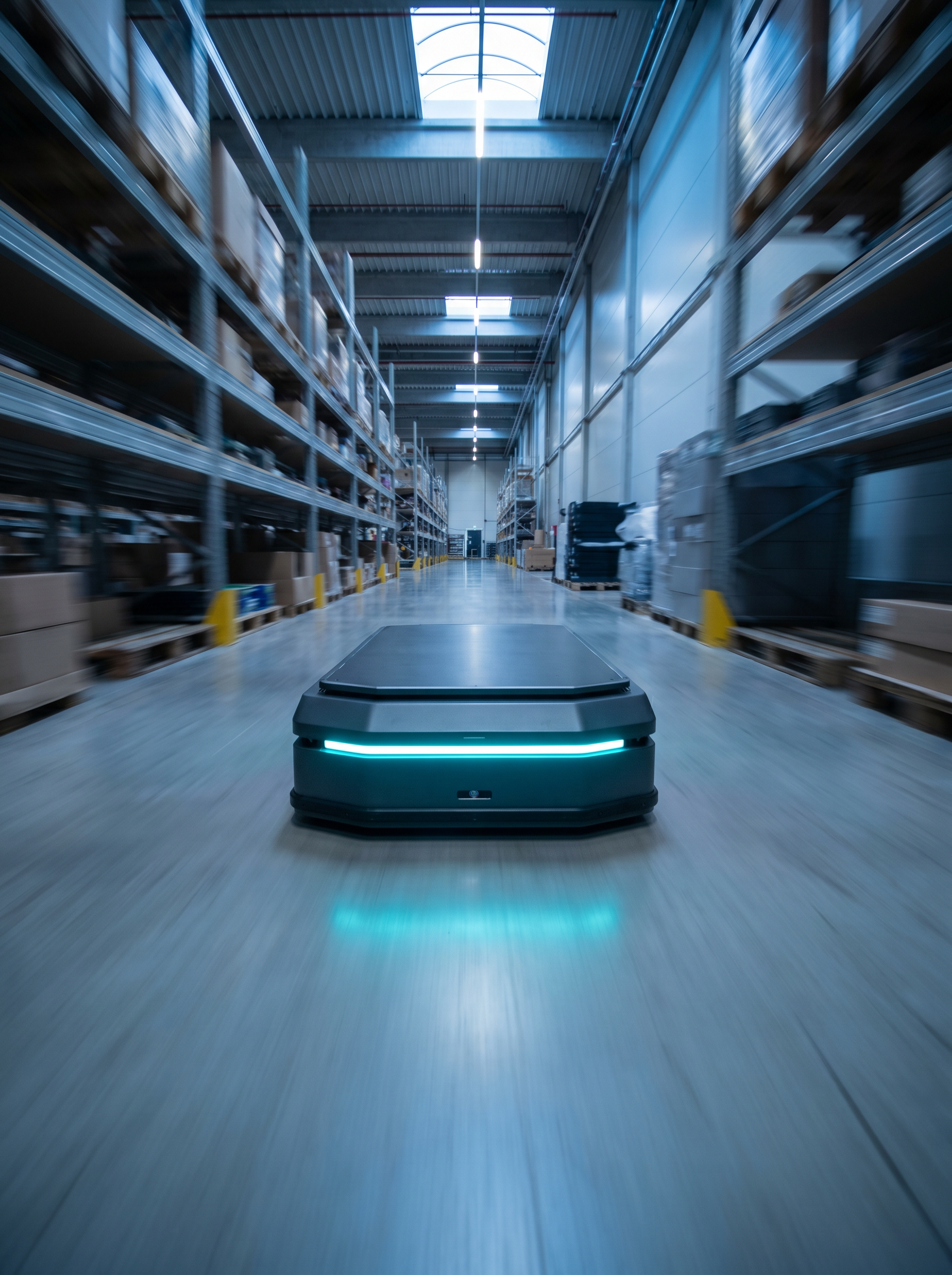 An autonomous mobile robot moves down a warehouse aisle with a glowing cyan light bar.